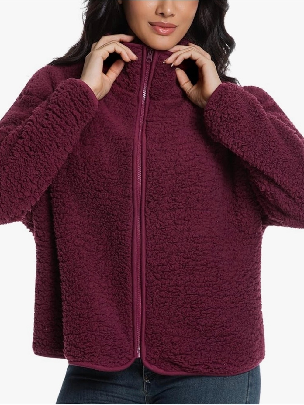 Women’s Cozy Teddy Zip Jacket in Deep Berry Size M - Picture 2 of 7
